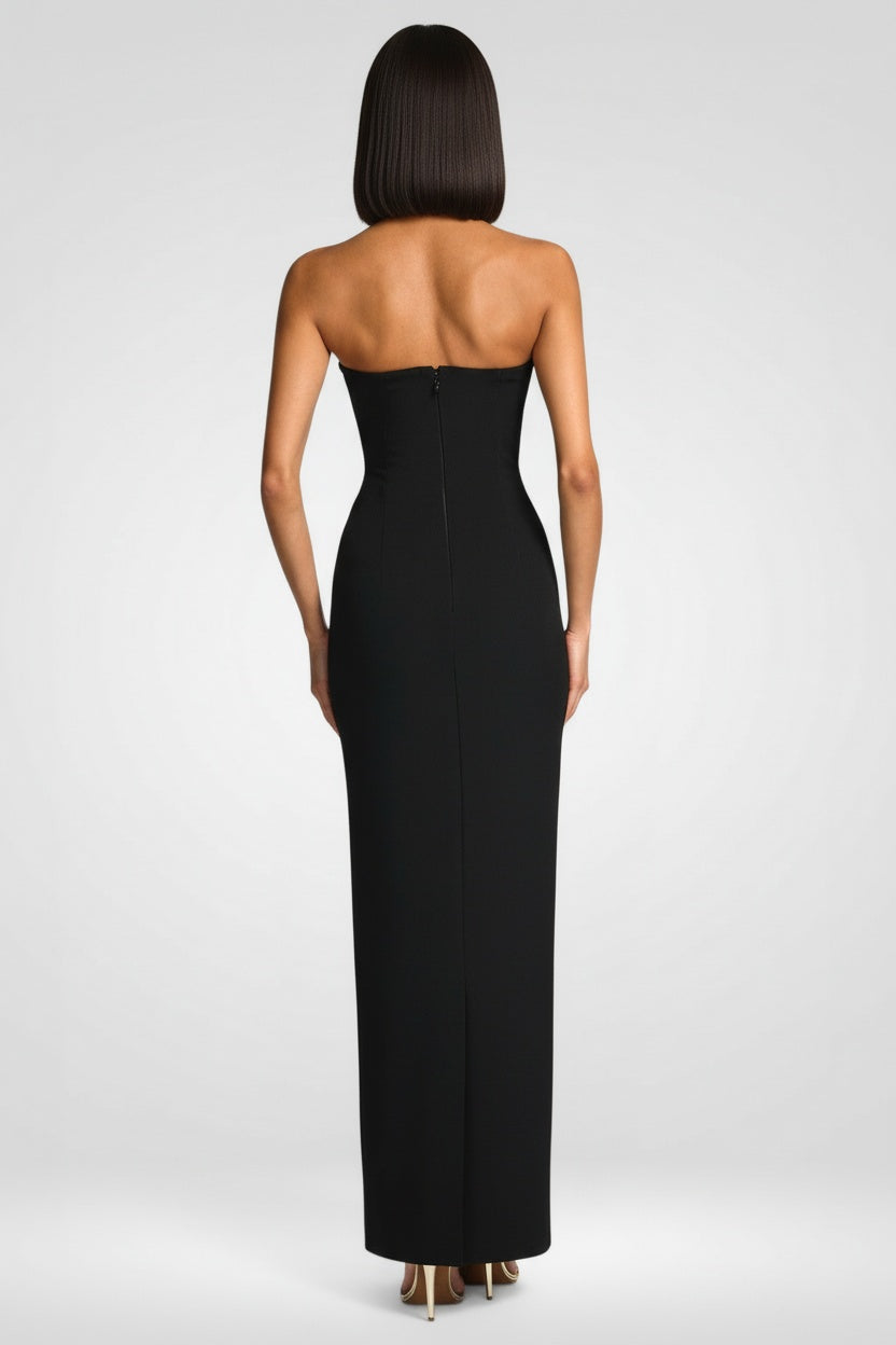 Black strapless gown on a white background