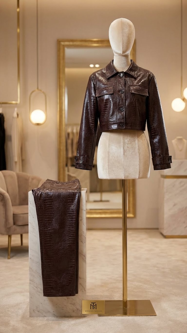 Glossy Croc-Effect Jacket & High-Waist Pants Set