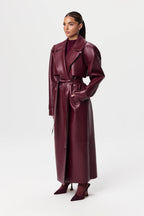 Plum Gloss Belted Trench Coat – Luxe PU Leather Longline Statement Outerwear