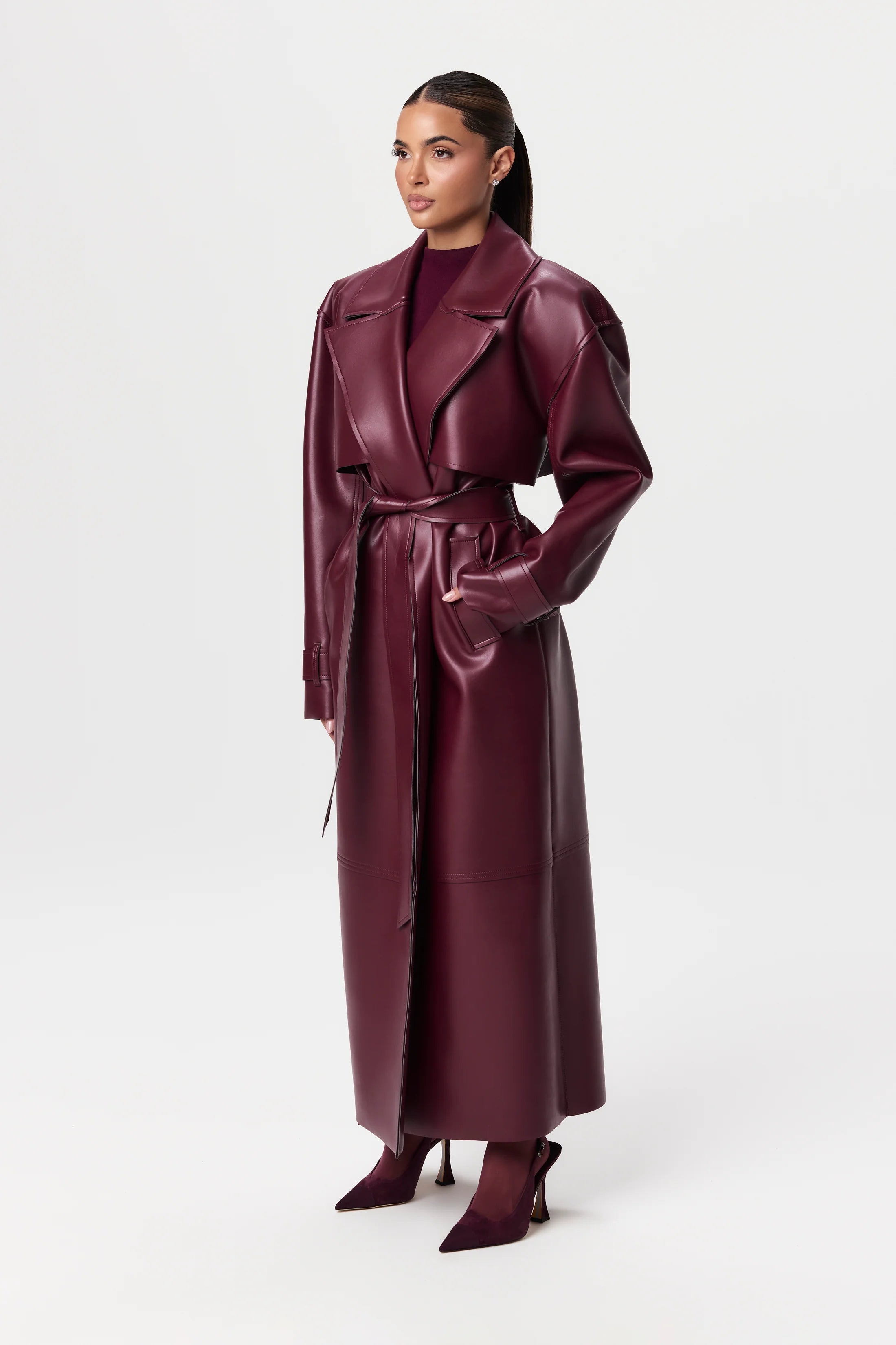 Plum Gloss Belted Trench Coat – Luxe PU Leather Longline Statement Outerwear