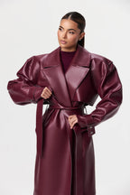 Plum Gloss Belted Trench Coat – Luxe PU Leather Longline Statement Outerwear