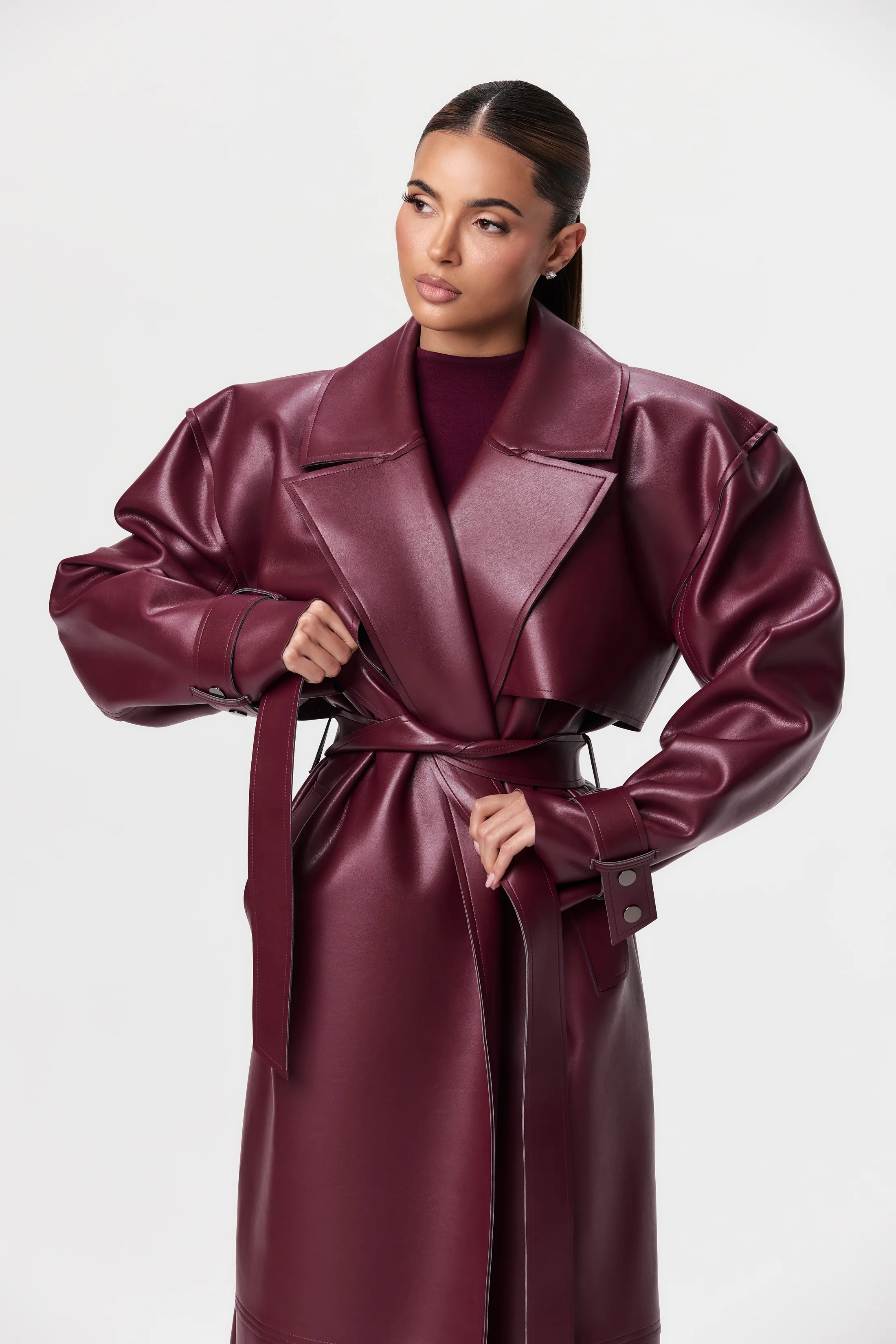 Plum Gloss Belted Trench Coat – Luxe PU Leather Longline Statement Outerwear