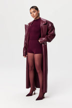 Plum Gloss Belted Trench Coat – Luxe PU Leather Longline Statement Outerwear