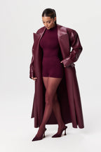 Plum Gloss Belted Trench Coat – Luxe PU Leather Longline Statement Outerwear