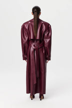 Plum Gloss Belted Trench Coat – Luxe PU Leather Longline Statement Outerwear