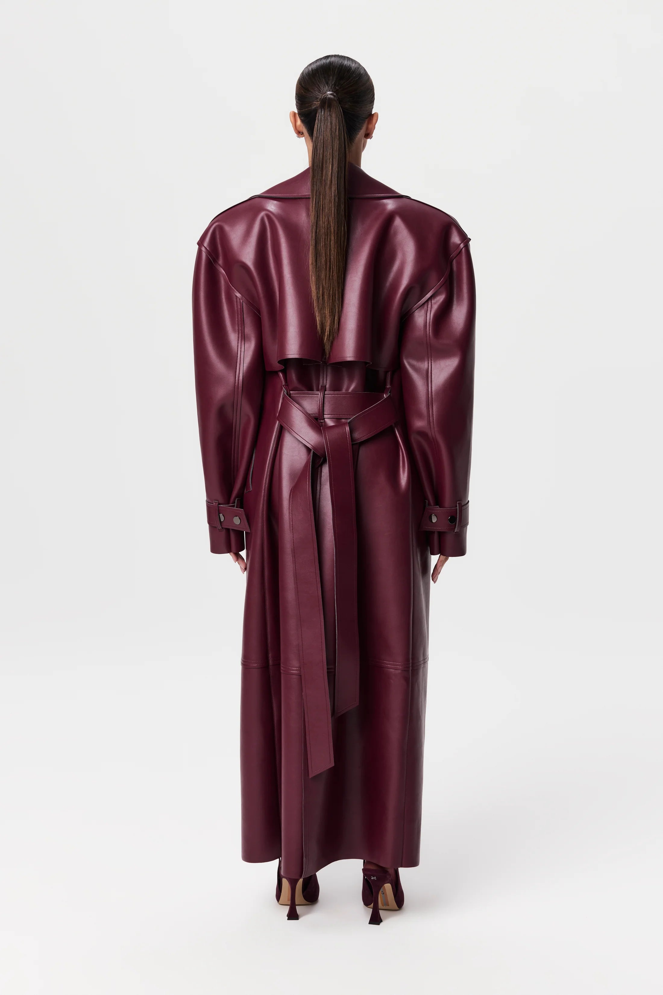 Plum Gloss Belted Trench Coat – Luxe PU Leather Longline Statement Outerwear