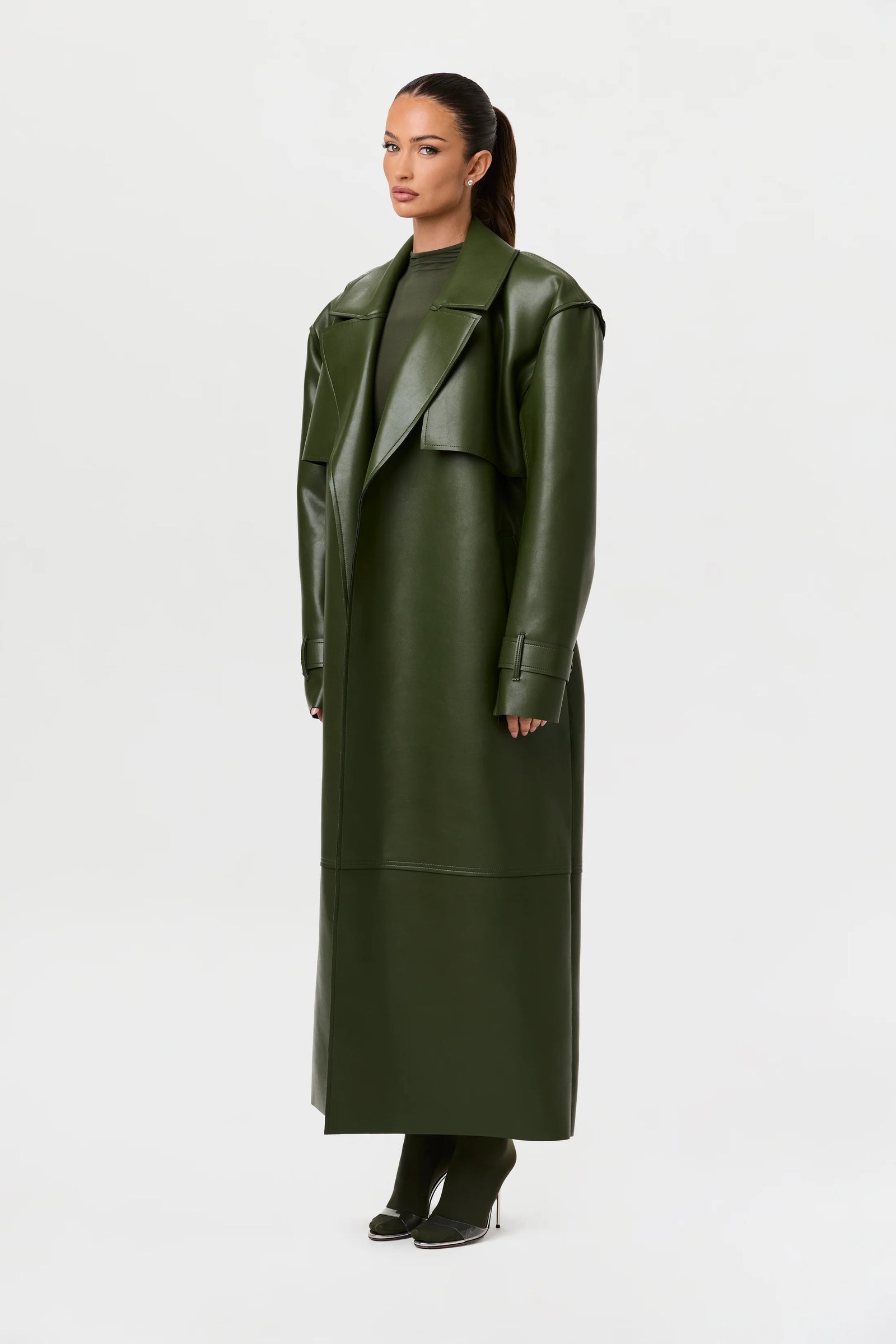 Plum Gloss Belted Trench Coat – Green