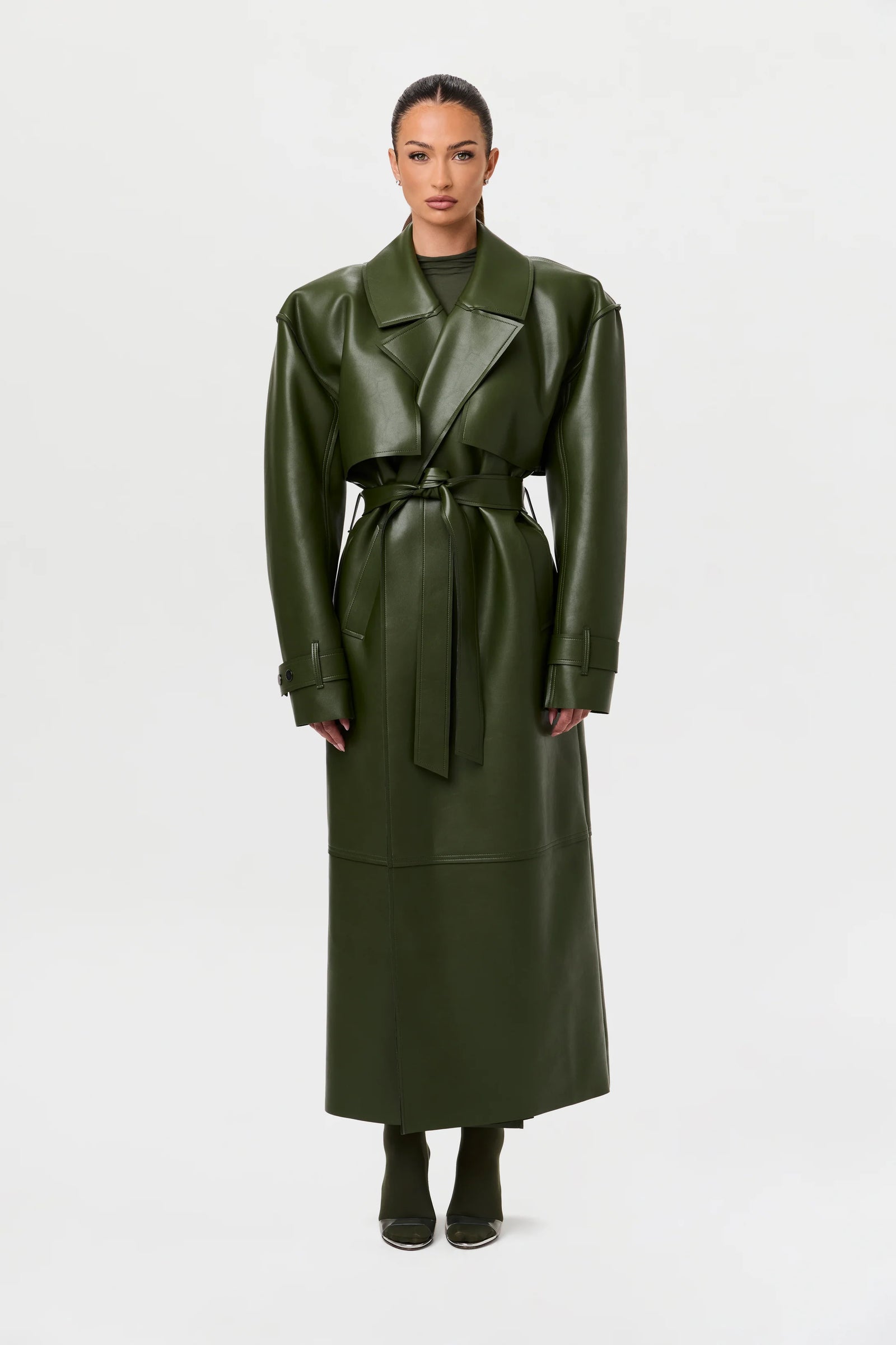 Plum Gloss Belted Trench Coat – Green