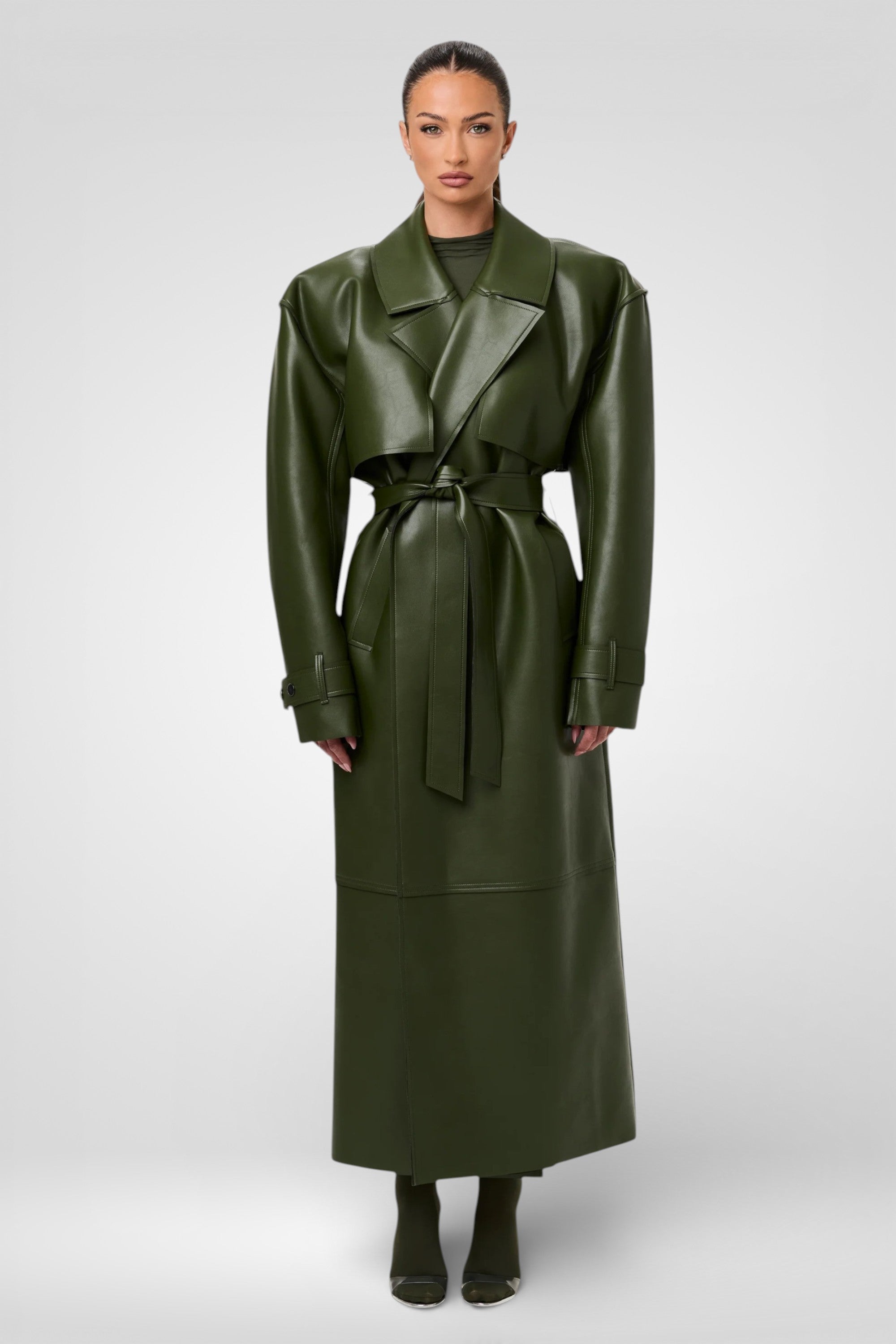 Plum Gloss Belted Trench Coat – Green