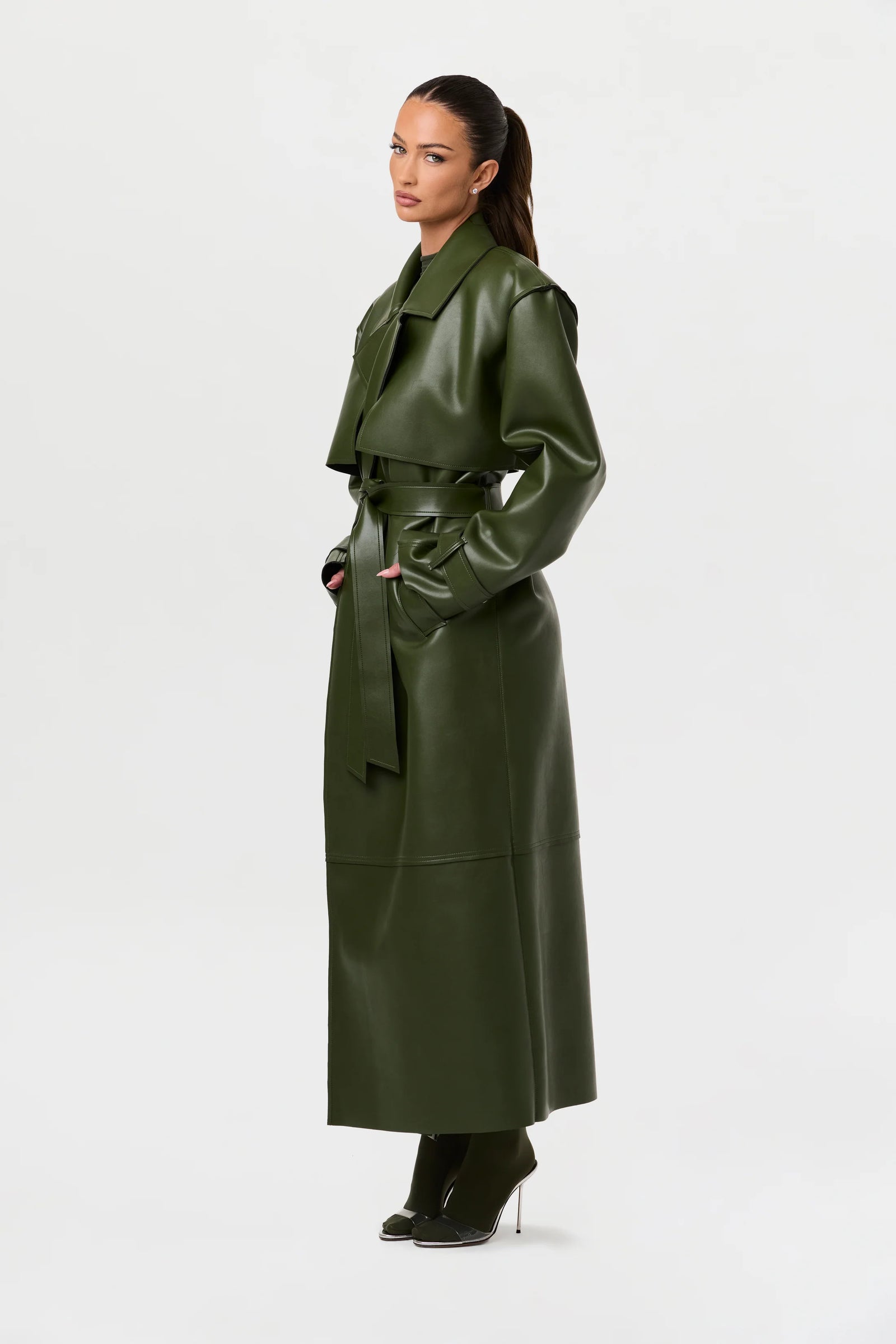 Plum Gloss Belted Trench Coat – Green