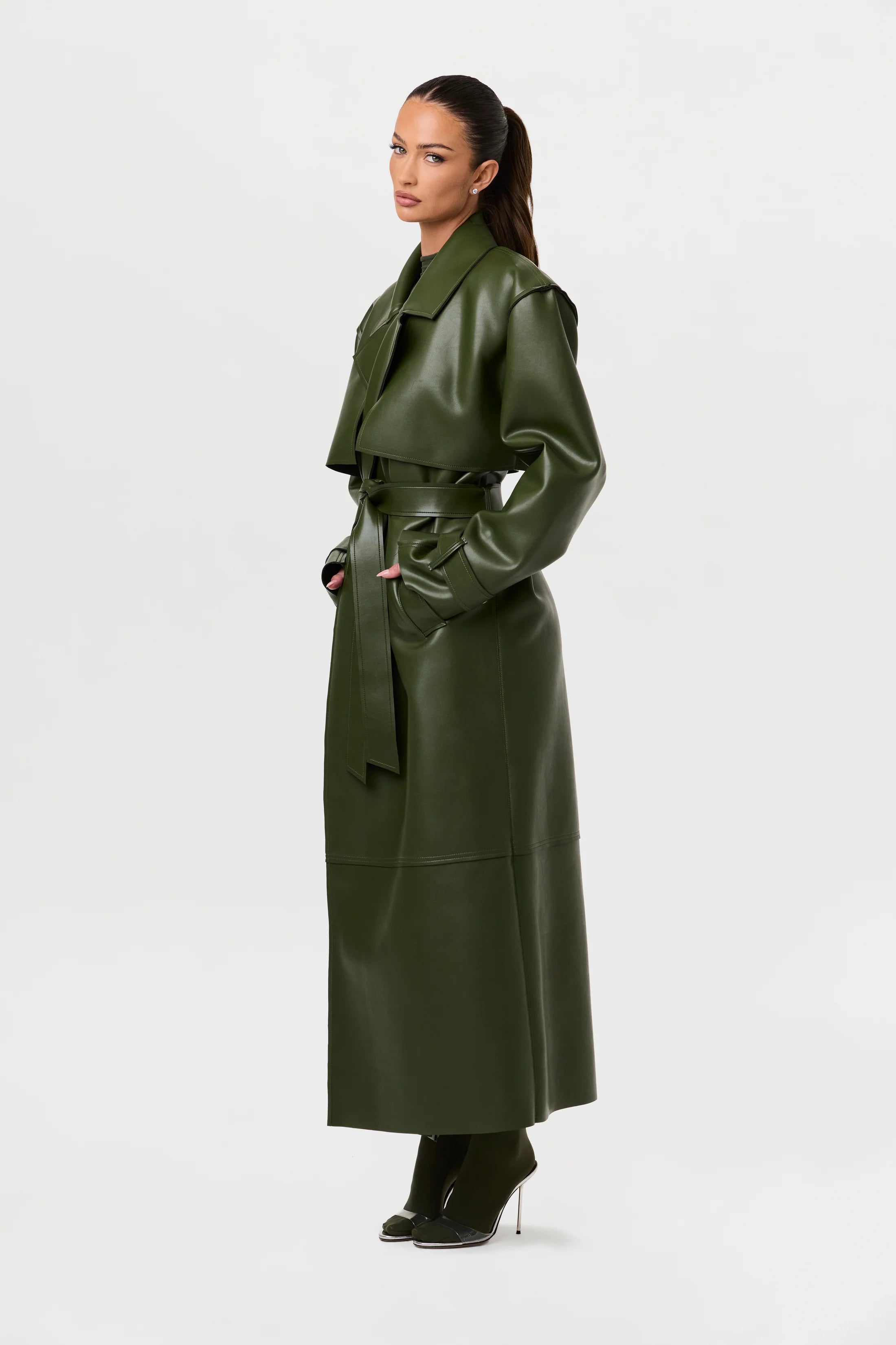 Plum Gloss Belted Trench Coat – Green
