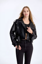 Trendy PU Leather Biker Jacket – Women’s Belted Moto Coat