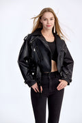 Trendy PU Leather Biker Jacket – Women’s Belted Moto Coat