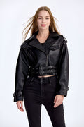 Trendy PU Leather Biker Jacket – Women’s Belted Moto Coat