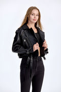 Trendy PU Leather Biker Jacket – Women’s Belted Moto Coat
