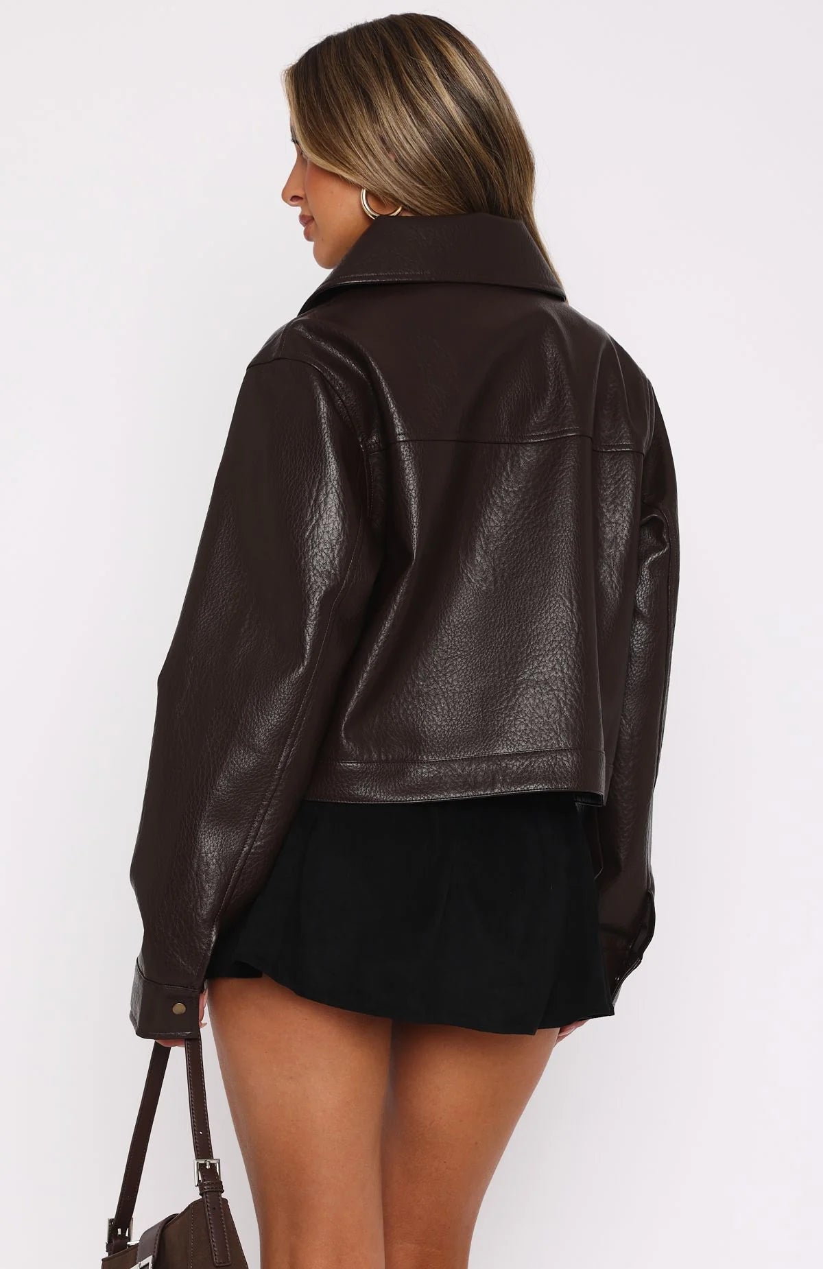 Cropped PU Leather Bomber Jacket