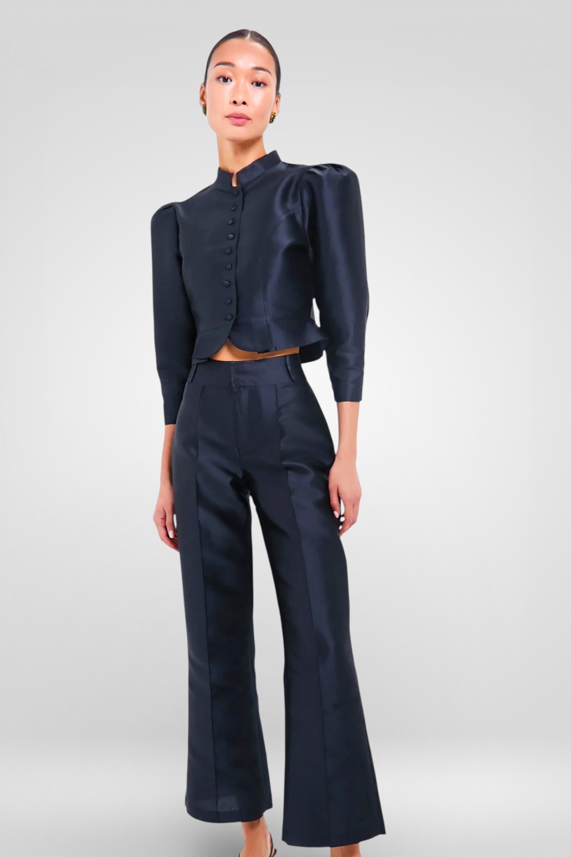 Structured Satin Peplum Blouse -Black