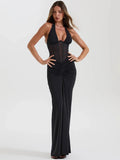 Halter Backless Maxi Dress – Sexy V-Neck Draped Bodycon Gown for Women’s Club & Party Wear