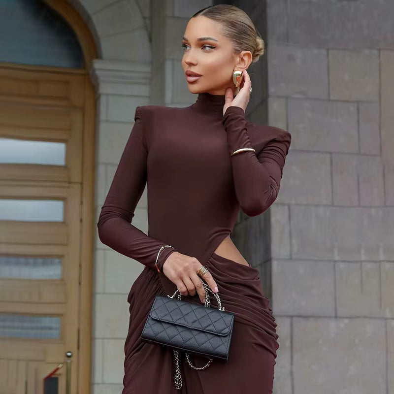 Turtleneck Hollow-Out Ruched Maxi Dress