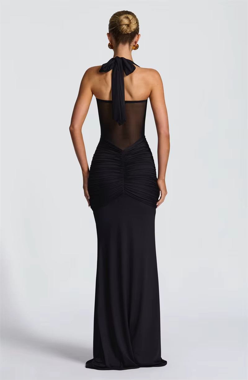 Halter Backless Maxi Dress – Sexy Ruched Off-Shoulder Bodycon Clubwear for Women