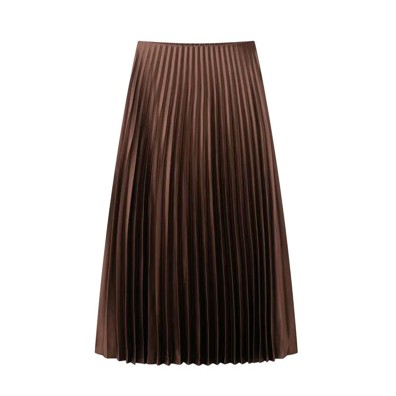 Pleated Elegance Midi Skirt – Flowing High-Waist Design with Subtle Shine