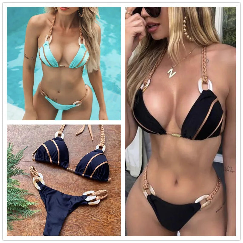 Zweiteiliger Bikini für Damen – Triangel-Oberteil mit Perlenring-Trägern 