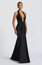 Deep V-Neck Ruched Maxi Dress – Backless Halter Club Dress for Women