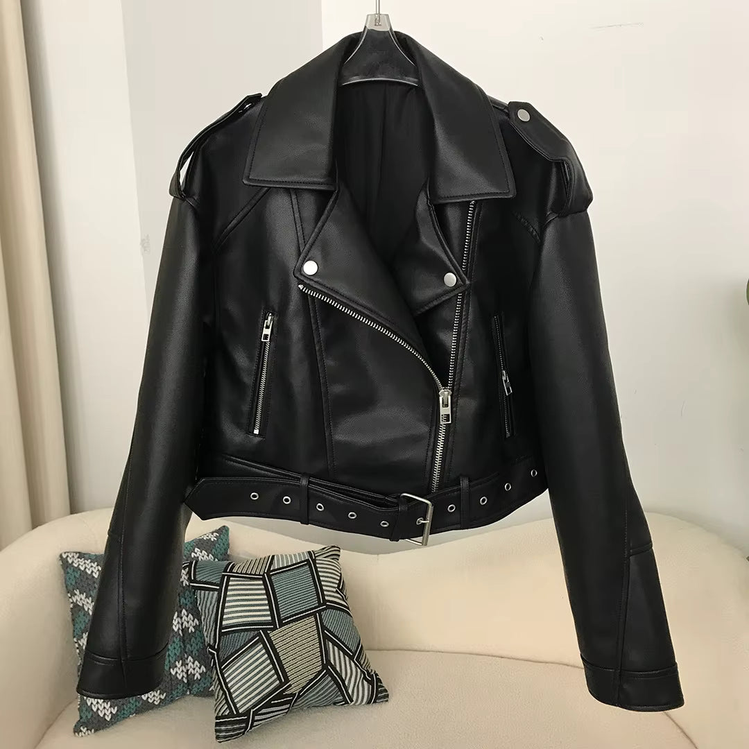 Women's Vintage Vegan Leather Biker Jacket – Oversized Belted Moto Style