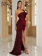 One-Shoulder Sequin Velvet Gown