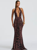 Leopard Print Halter Backless Maxi Dress – Sexy Draped Clubwear Gown