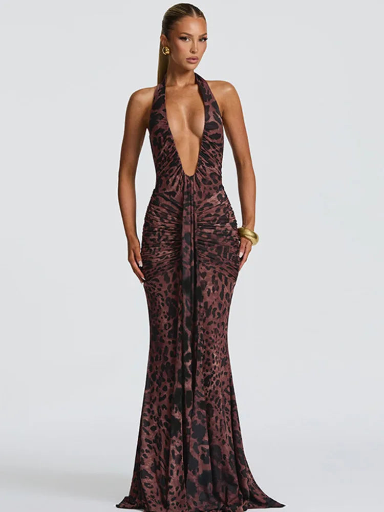 Leopard Print Halter Backless Maxi Dress – Sexy Draped Clubwear Gown