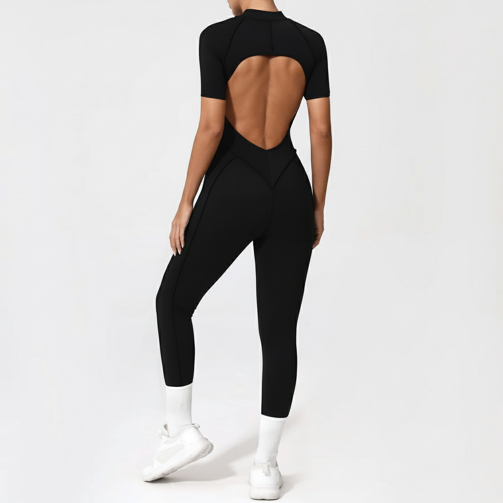 Backless Zip Yoga Jumpsuit -Black