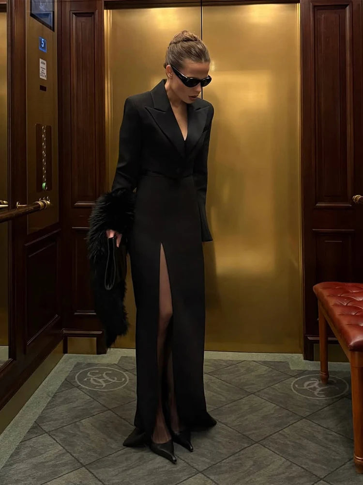 V-Neck Blazer & Slim Long Skirt Set