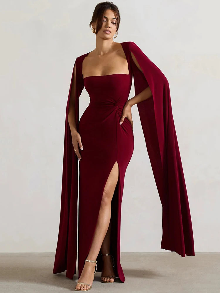 Elegant Long Cape Sleeve Maxi Dress