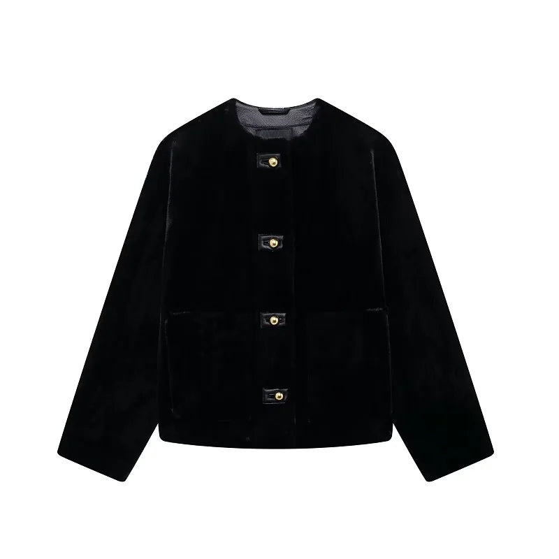 Manteau court en velours noir – Veste boutonnée automne et hiver