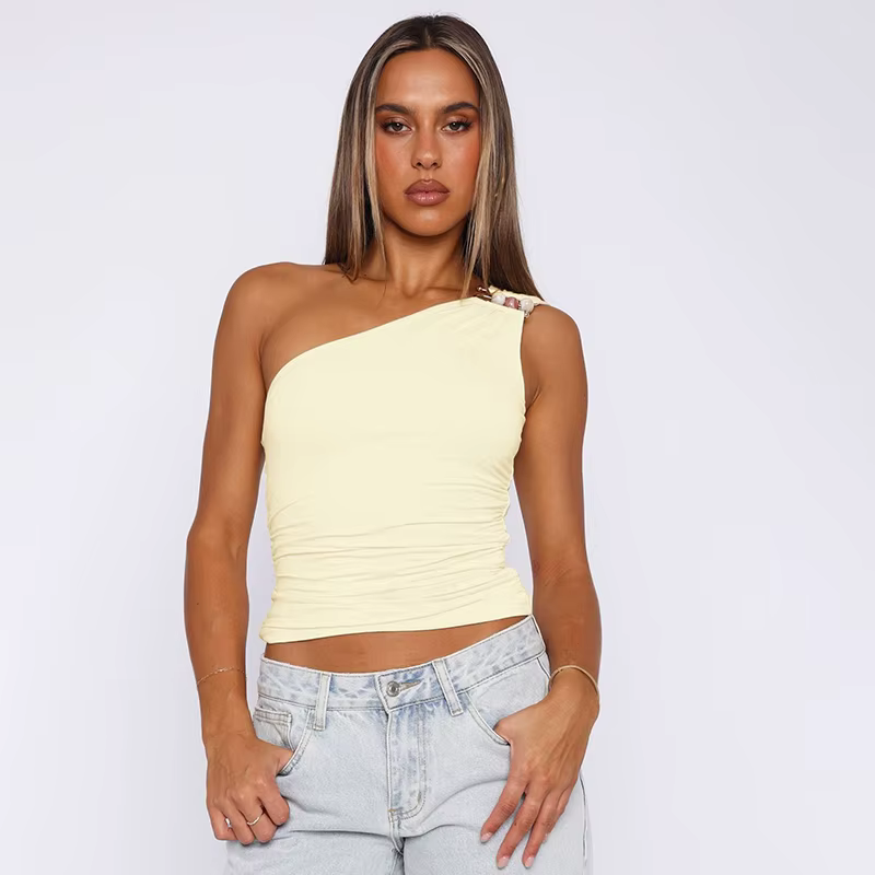 One-Shoulder Ruched Top – Beaded Strap Detail