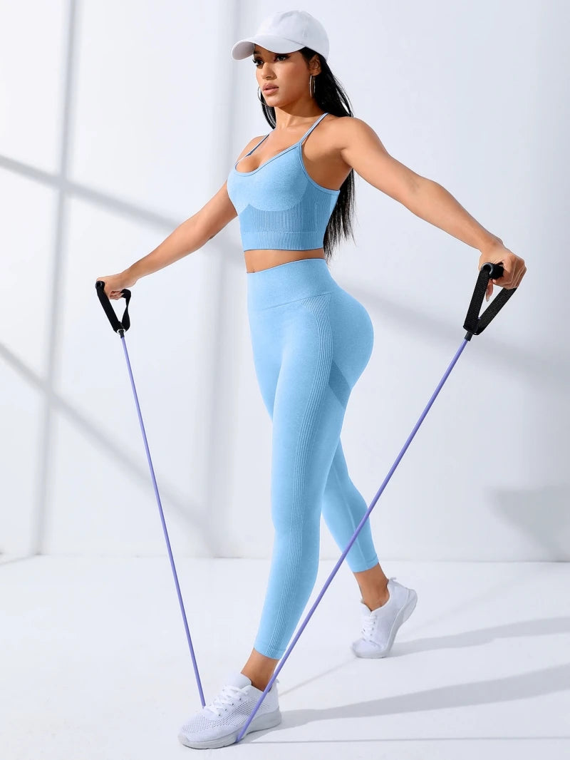 2-Piece Seamless Yoga Set – Stretch Leggings & Thin Strap Sports Bra Workout Outfit