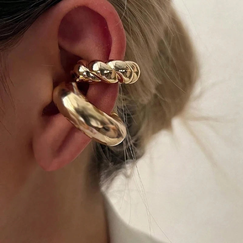 Exaggerated Wide Gold Clip-On Earrings for Women – Irregular Shape, Boho Style, Non-Piercing Metal Set