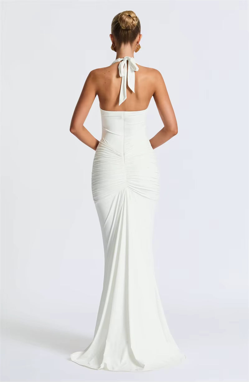 Deep V-Neck Ruched Maxi Dress – Backless Halter Club Dress for Women