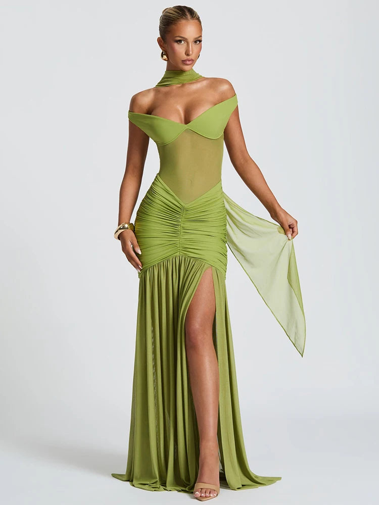 Off-Shoulder Halter Split Maxi Dress