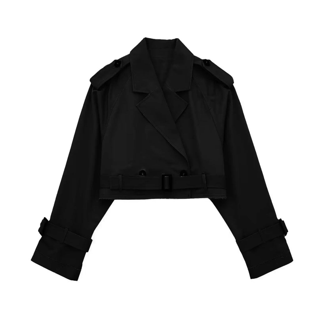 Women’s Cropped Double-Breasted Windbreaker – Retro Belted Streetwear Trench Jacket