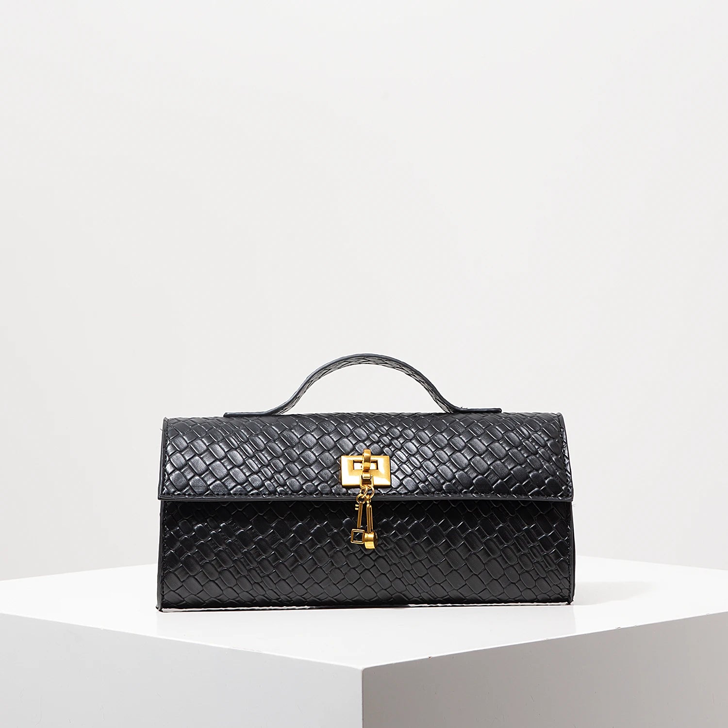 Woven Burgundy Baguette Clutch with Gold Lock