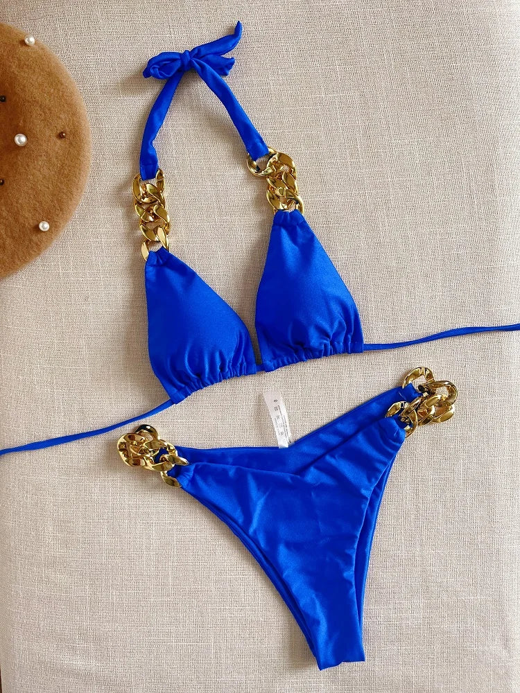 Luxury Chain-Link Bikini Set – Glamorous Halter Two-Piece Swimwear