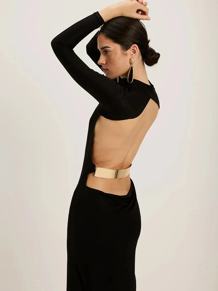 Backless Black Long Sleeve Maxi Dress – Elegant Bodycon Party Gown for Women