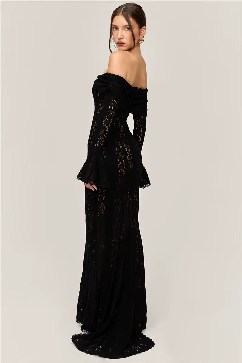 Black Lace Off-Shoulder Maxi Dress – Elegant Backless Long Sleeve Gown