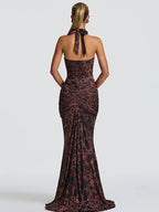 Leopard Print Halter Backless Maxi Dress – Sexy Draped Clubwear Gown
