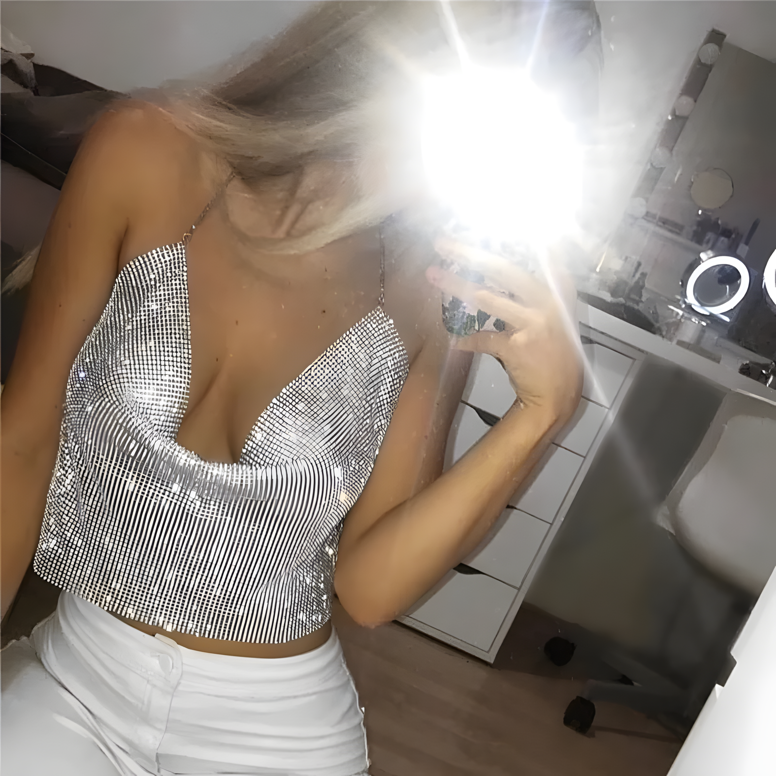 Rhinestone Chainmail Halter Top – Backless Metallic Drape Style