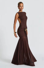 Metal Flower Backless Ruched Maxi Dress