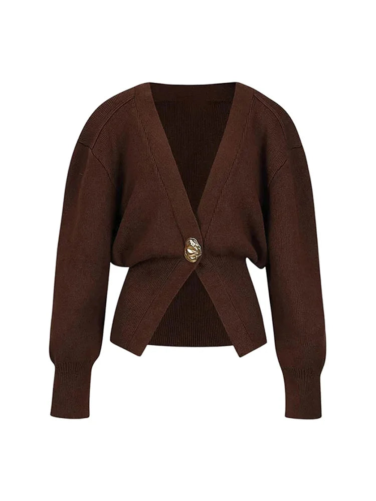 Sculpted Knit Wrap Cardigan – Gold Buckle & Tailored Silhouette