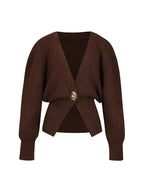 Sculpted Knit Wrap Cardigan – Gold Buckle & Tailored Silhouette